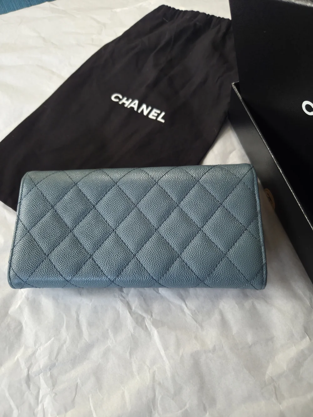Chanel Quilted Caviar Leather Long Wallet in Light Slate Blue